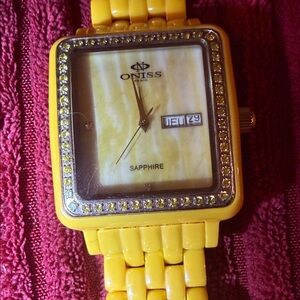 Oniss Paris Crystal-Accented Ceramic Watch – Yellow Band, Pink Dial